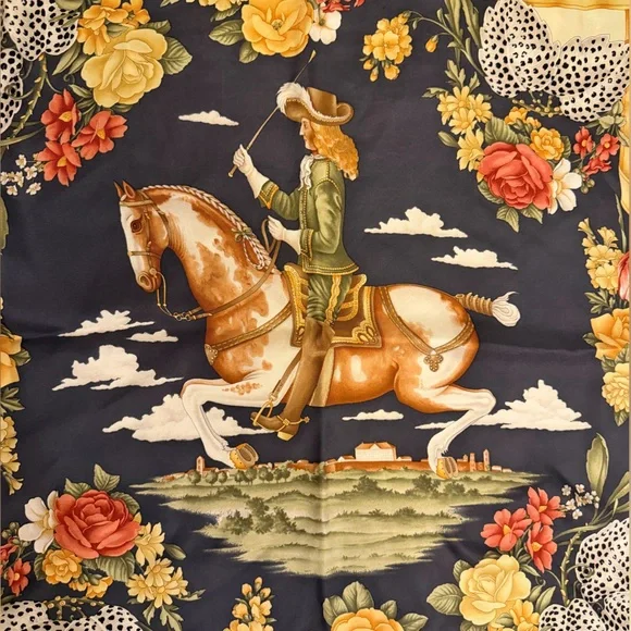 Vintage Salvatore Ferragamo Silk Scarf | Equestrian Floral Print | 34” x 34” - Picture 4 of 6